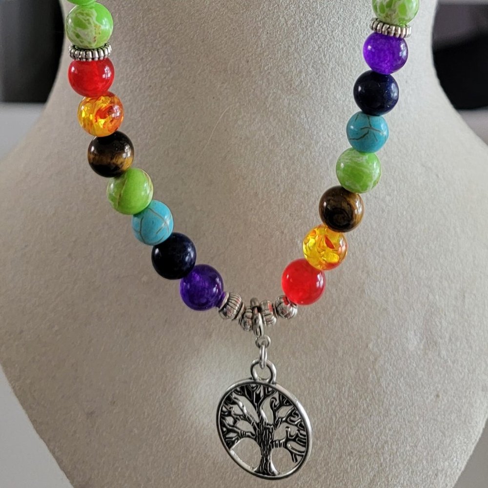 Multi Colored Lava Rock Necklace with Tree of Life Charm